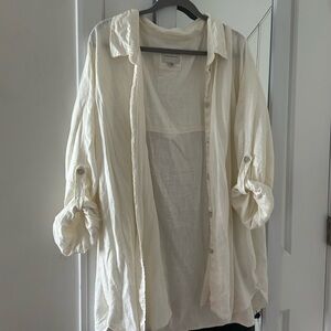 Aerie oversized cream linen blend button-up